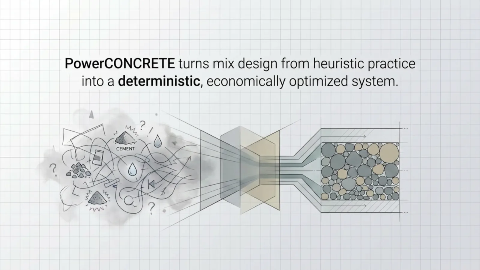 PowerCONCRETE turns mix design from heuristic practice into a deterministic, economically optimized system — illustrated as scattered, uncertain inputs resolving through a lens into an ordered, well-packed aggregate structure.